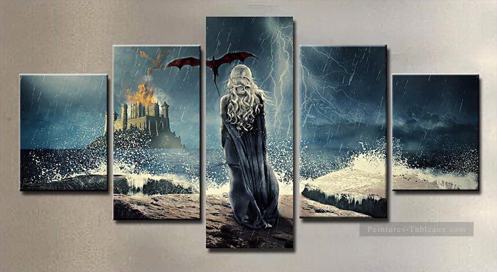Daenerys Targaryen et Flying Dragon 5 panneaux Le Trône de fer Peintures à l'huile